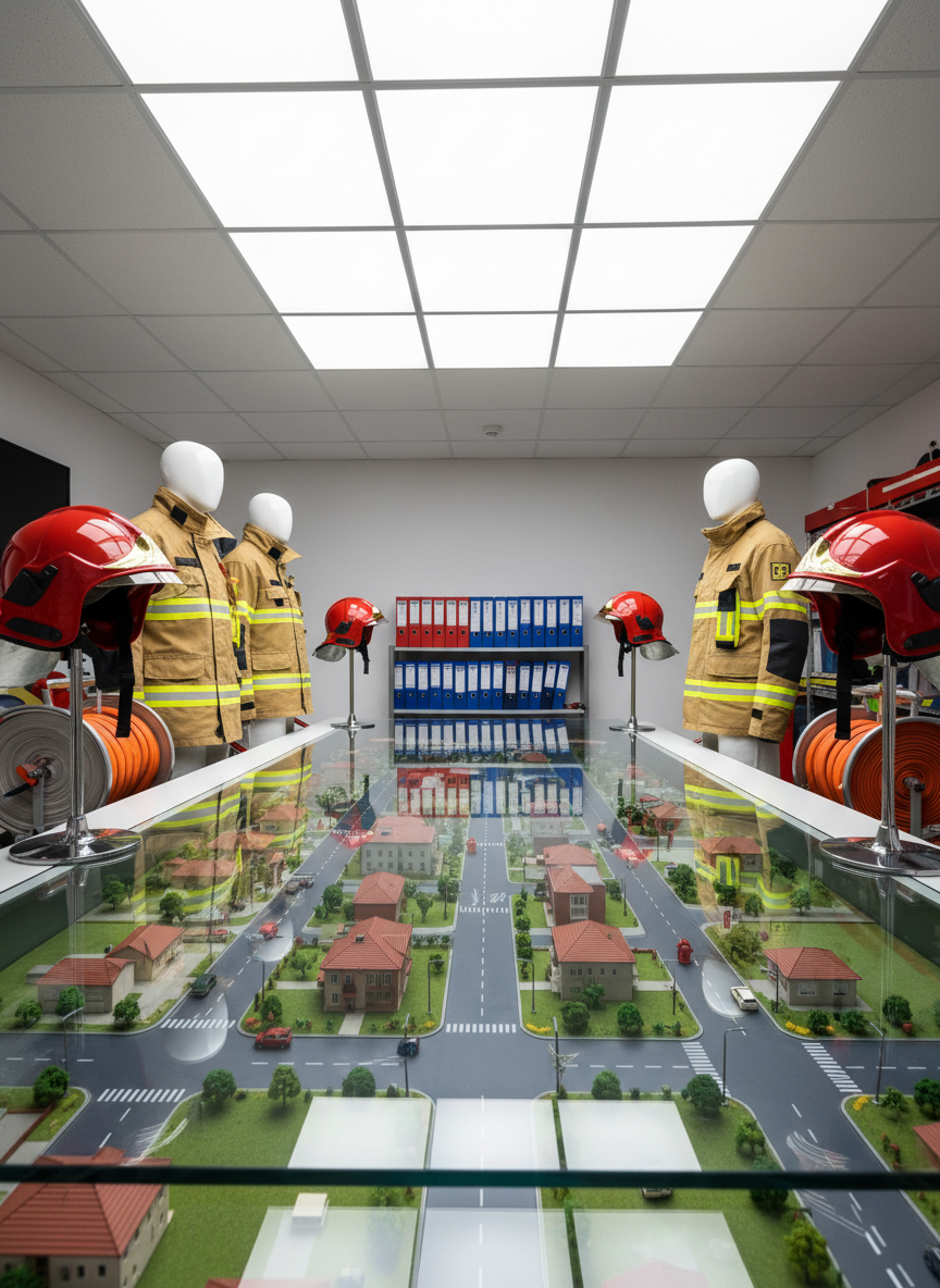 A meticulously detailed tabletop training scenario showing a scale-model urban neighborhood under transparent protective glass, with miniature buildings, roads, hydrants, and tiny red markers indicating fire-risk points. Around the glass table, there are neatly arranged non-human firefighting tools: bright red helmets on stands, reflective jackets on headless torso mannequins, hoses coiled on racks, and labeled binders without readable text. Overhead, diffused white LED panels provide even, clear illumination, creating soft reflections on the glass surface and crisp shadows beneath the models. The mood is professional and educational, suggesting preparation and prevention. Photographic realism from a slightly elevated, wide-angle perspective, with sharp focus throughout to emphasize the detailed environment of a fire and safety expertise center dedicated to planning, training, and risk management.