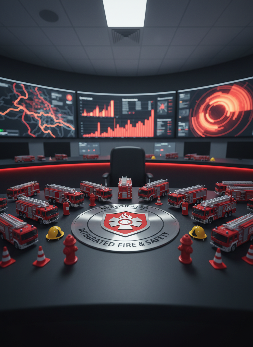 A high-tech emergency operations desk filled with detailed miniature firefighting equipment and safety gear arranged neatly on a dark matte surface. Small, realistic model fire trucks, red hydrants, fire extinguishers, helmets, and safety cones form an organized layout around a central metallic shield emblem suggesting integrated fire and safety services. The scene is set in a modern control-room style interior with large, softly blurred wall screens showing abstract maps, charts, and heat signatures without text. Cool, diffused overhead lighting combines with subtle red accent lights, creating a professional, reassuring atmosphere. Photographic realism at eye level, with a shallow depth of field that keeps the central emblem and surrounding tools razor sharp while the background technology gently fades into a soft bokeh, conveying trustworthy, comprehensive fire and safety support.